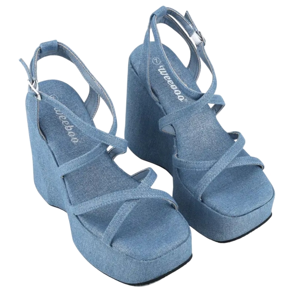 Weeboo Denim Blue Platform Wedge Sandals Size 8.5